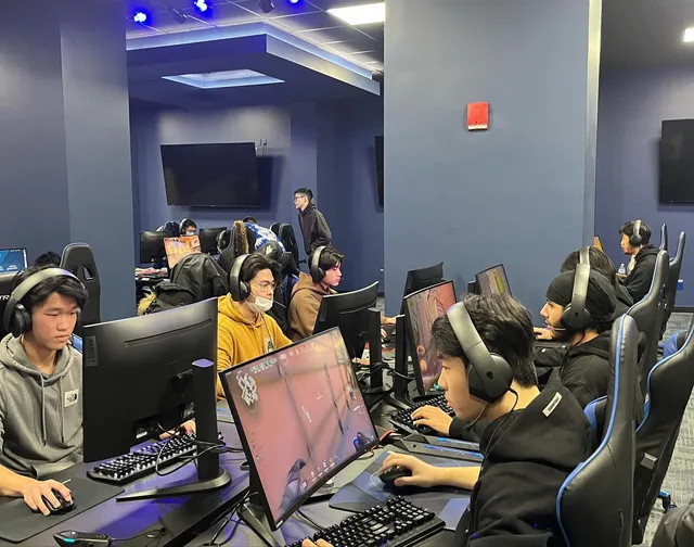 Row of players competing at their PCs, headsets on